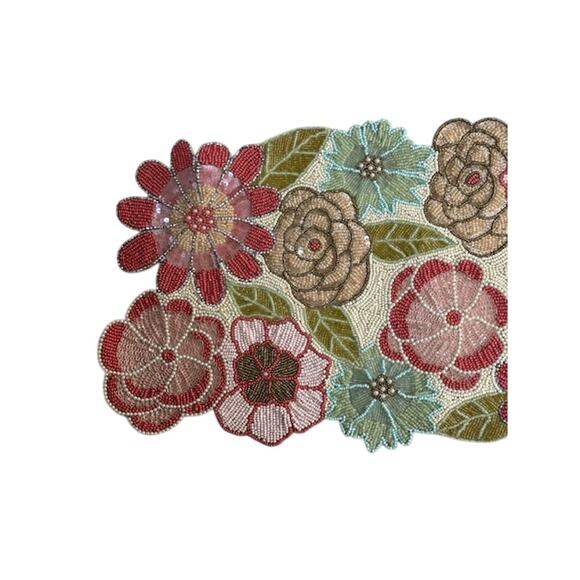 Nicole Miller Beaded Table Runner Pink Aqua Coral Floral 13" by 36" - Picture 2 of 6